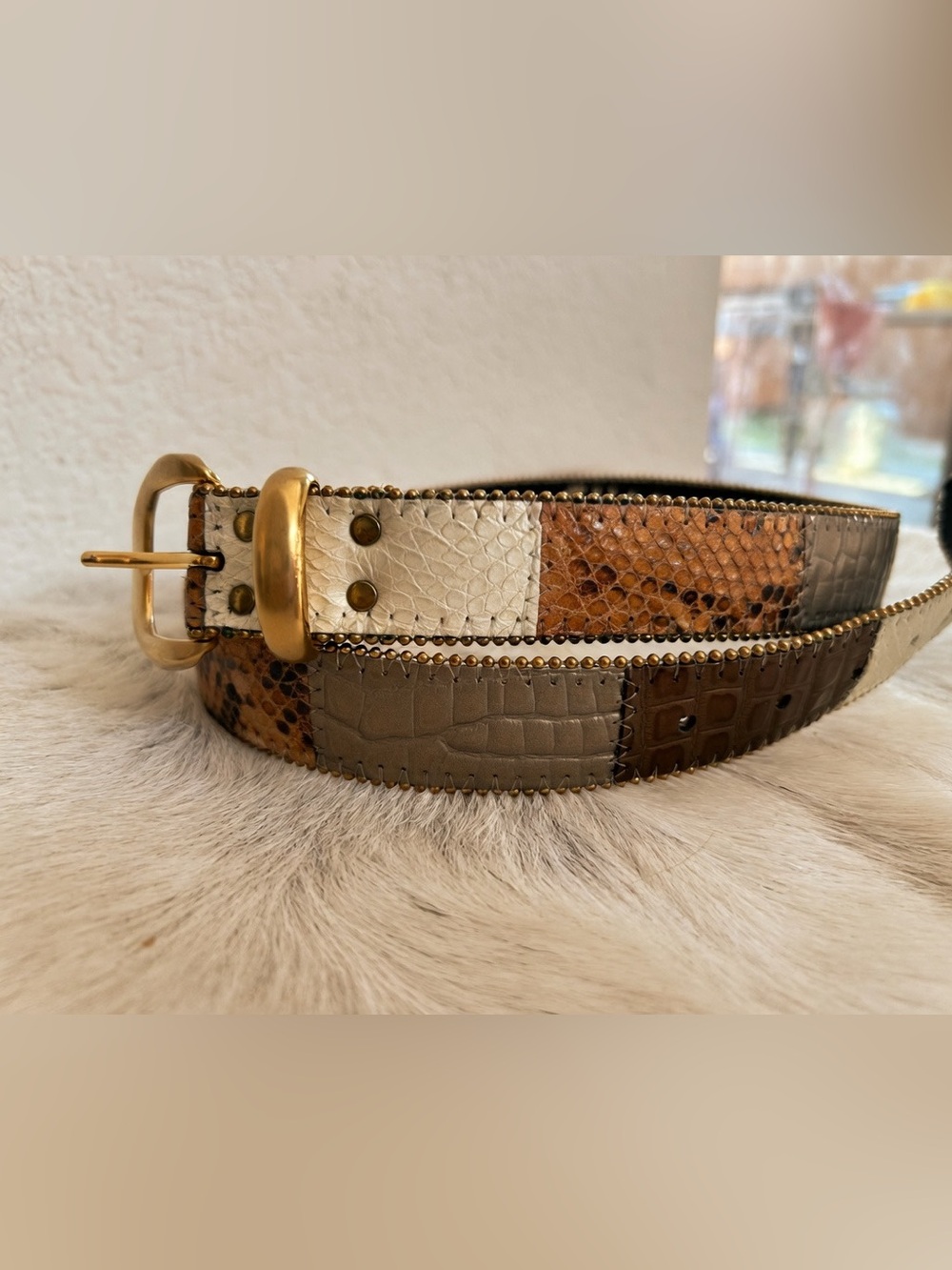 Vintage Elite women’s Patchwork Leather Belt with Gold Buckle - Neutral Tones